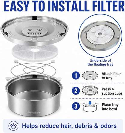 Dog Water Bowl No Spill, 3L/101Oz Stainless Steel Slow Feeder Dog Bowl with Floating Disk, Spill Proof Dog Water Bowl Dispenser for Messy Drinkers, anti Splash Large Dog Bowl with Filter